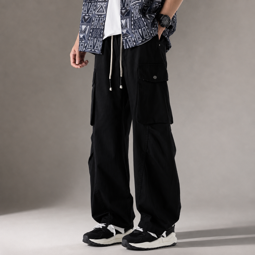 Declan Men’s Wide-Leg Cargo Pants – Drawstring Utility Trousers with Flap Pockets