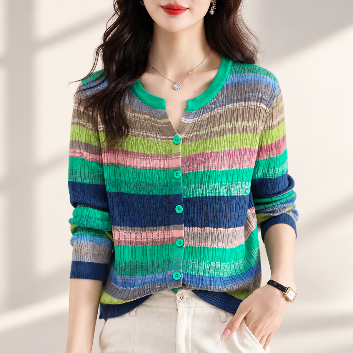 Evelina Women's Multicolor Striped Pointelle Knit Button-Front Cardigan