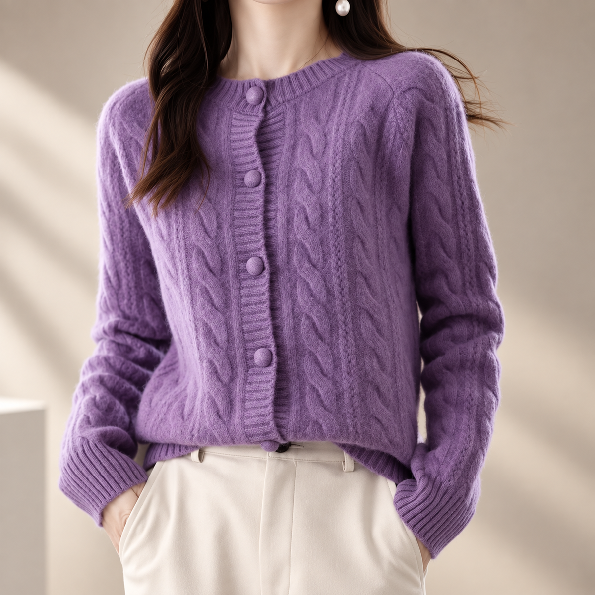 Marianne Cable Knit Button Cardigan – Women’s Crew Neck Long Sleeve Sweater