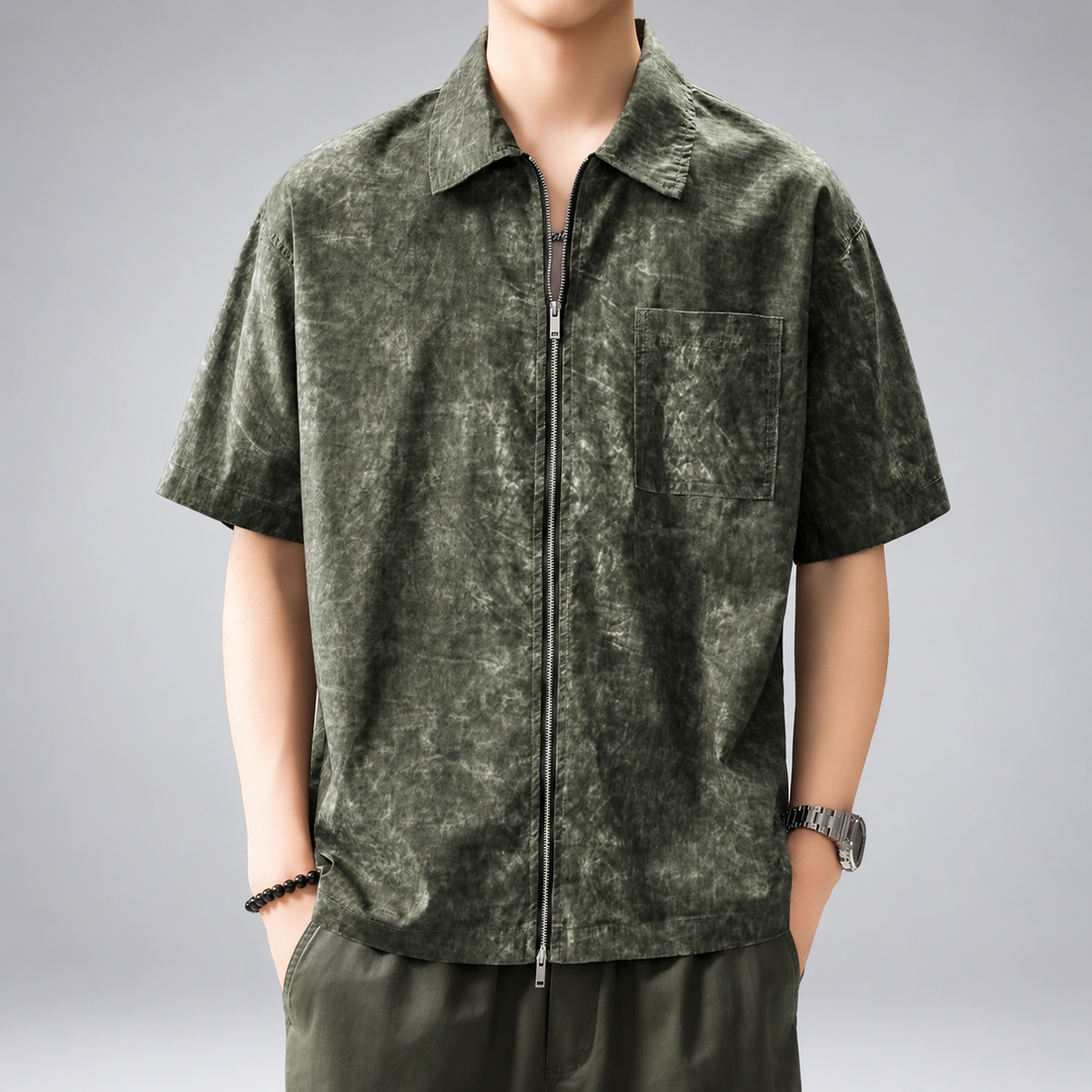 Belmont Men's Relaxed Short-Sleeve Collared Shirt with Two-Way Zipper