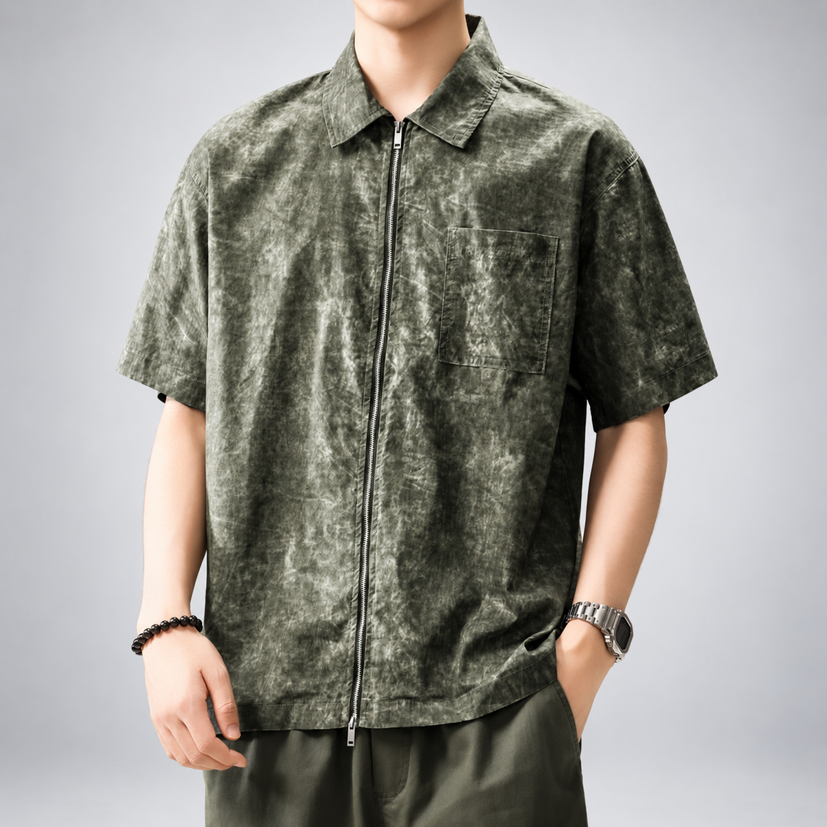 Belmont Men's Relaxed Short-Sleeve Collared Shirt with Two-Way Zipper