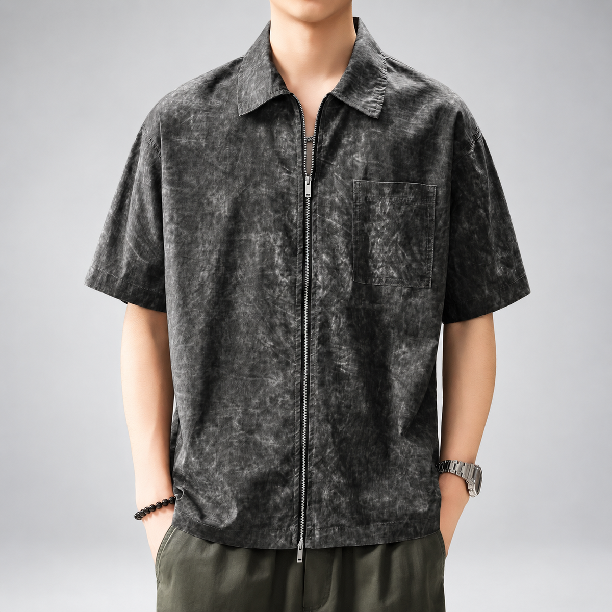 Belmont Men's Relaxed Short-Sleeve Collared Shirt with Two-Way Zipper