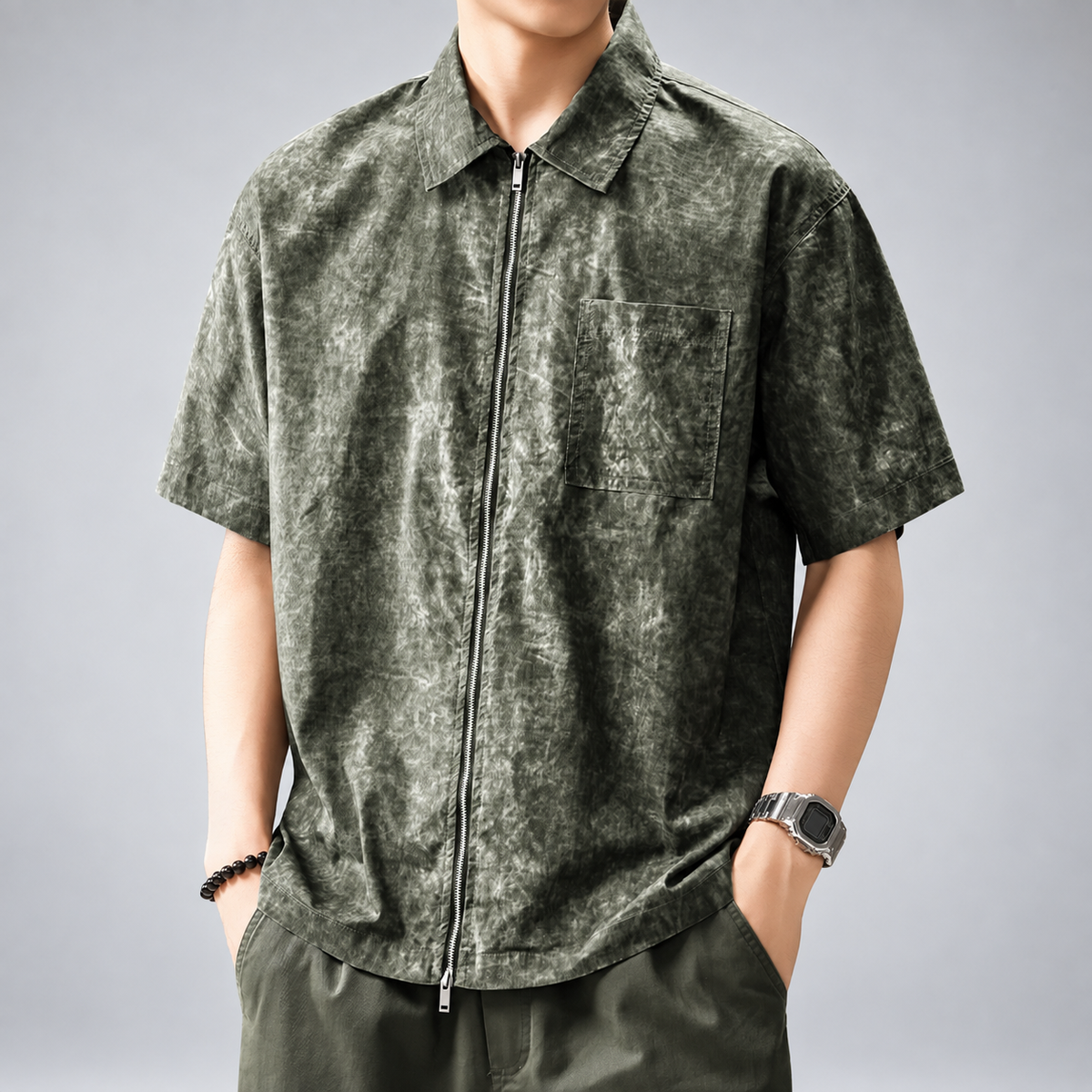 Belmont Men's Relaxed Short-Sleeve Collared Shirt with Two-Way Zipper