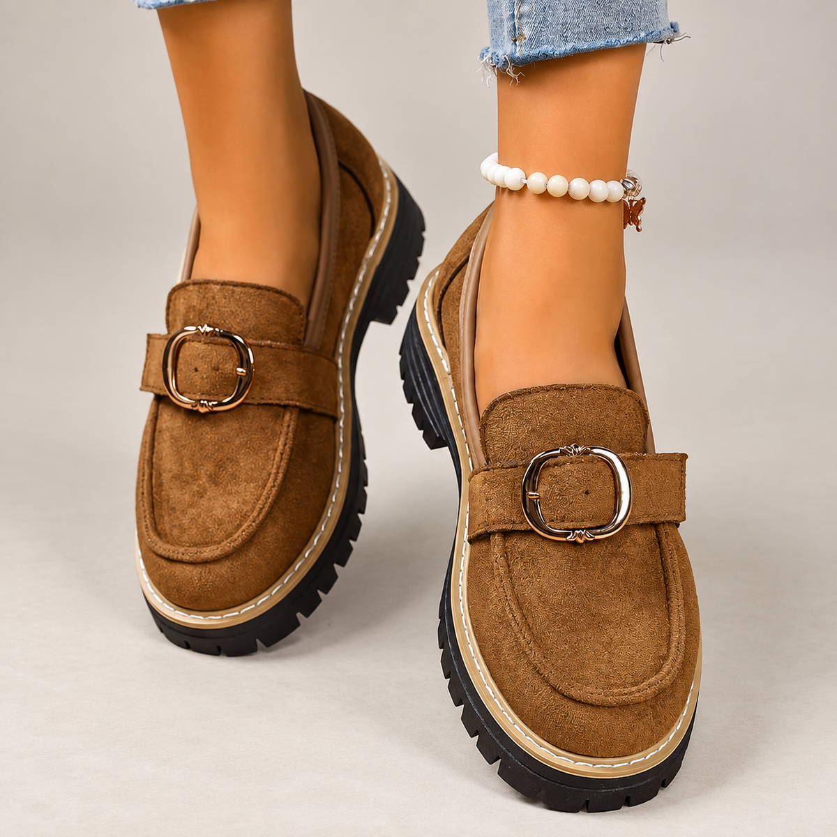 Adeline Women’s Suede-Look Buckle Loafers with Chunky Lug Sole