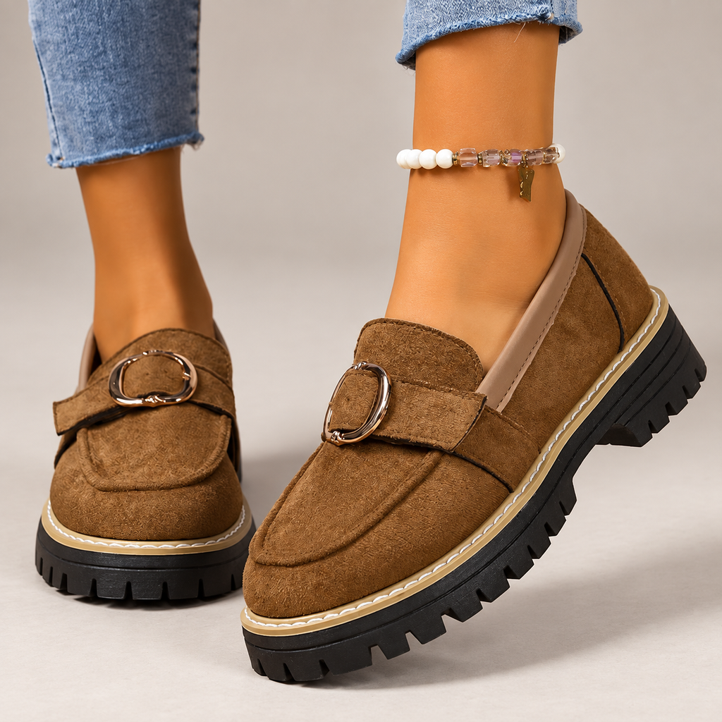 Adeline Women’s Suede-Look Buckle Loafers with Chunky Lug Sole