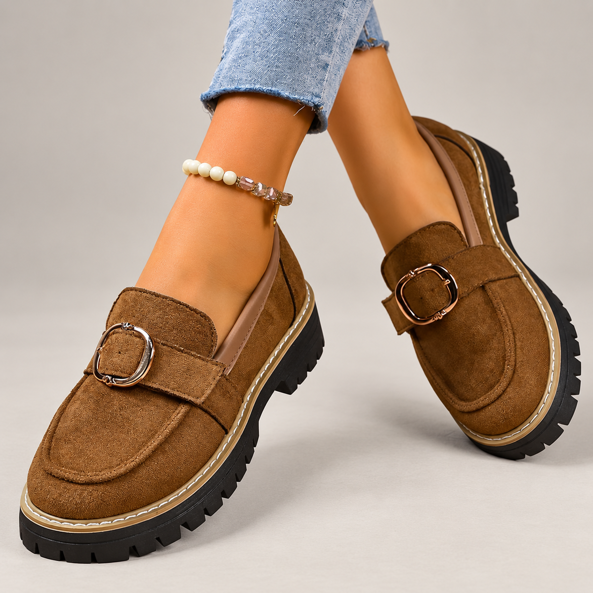 Adeline Women’s Suede-Look Buckle Loafers with Chunky Lug Sole