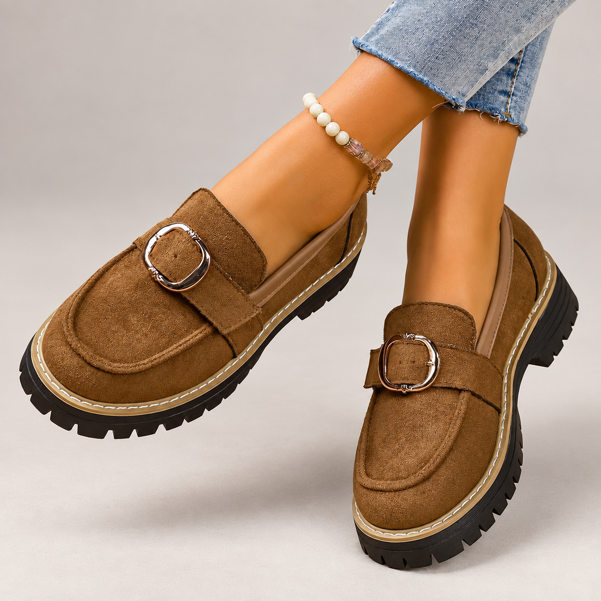 Adeline Women’s Suede-Look Buckle Loafers with Chunky Lug Sole