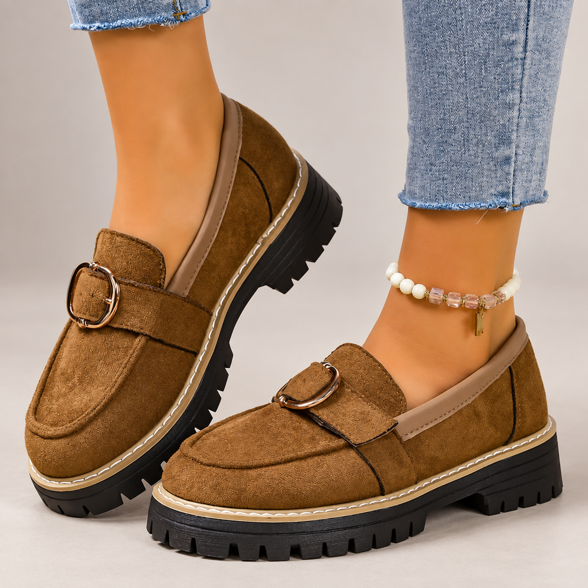 Adeline Women’s Suede-Look Buckle Loafers with Chunky Lug Sole