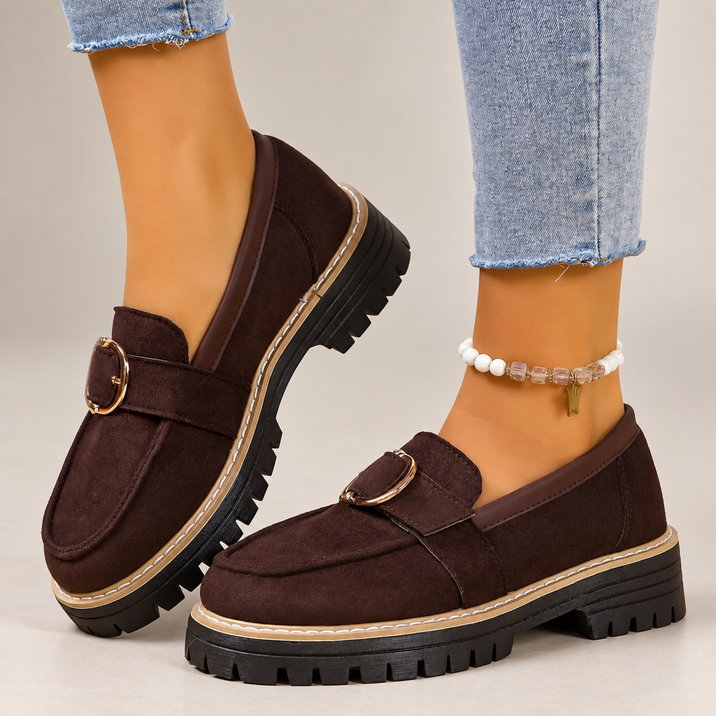 Adeline Women’s Suede-Look Buckle Loafers with Chunky Lug Sole