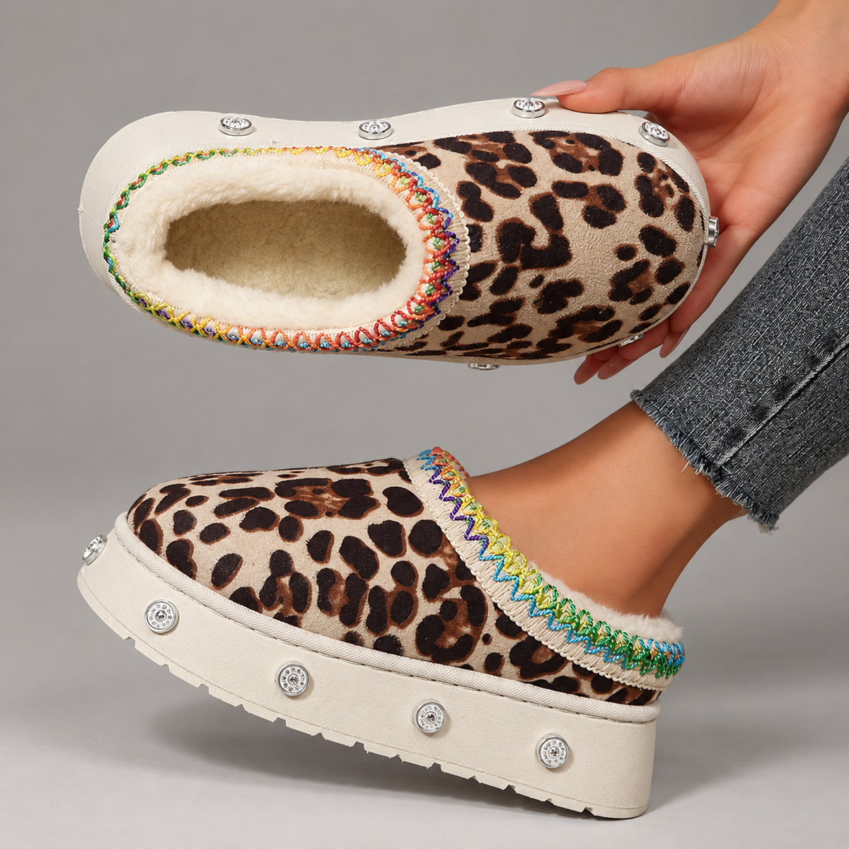 Alessia Women’s Leopard Print Platform Clogs with Plush-Look Lining