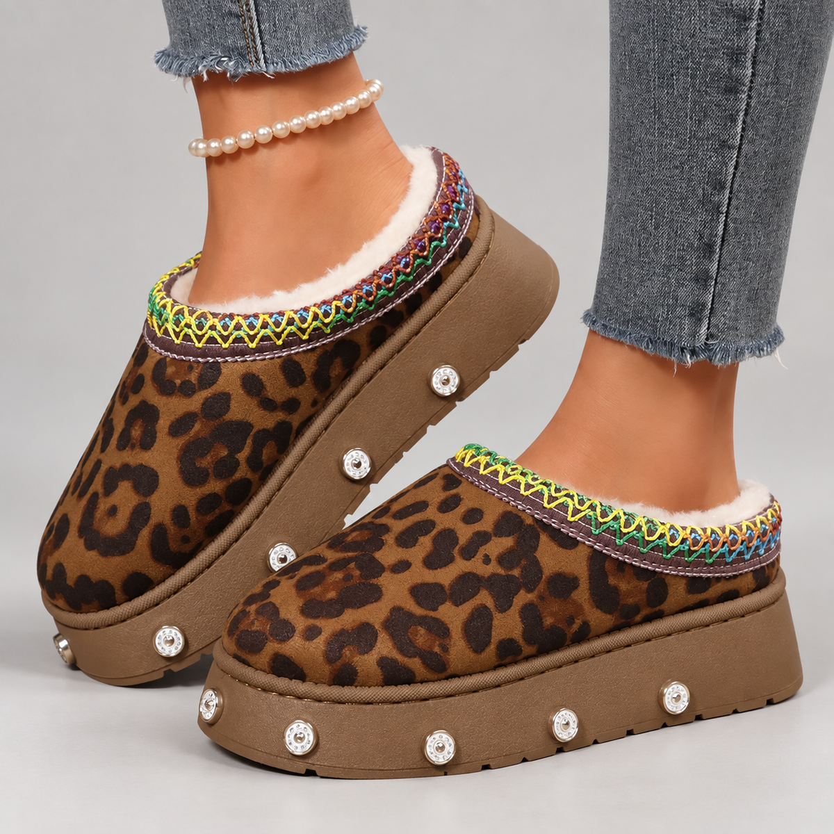Alessia Women’s Leopard Print Platform Clogs with Plush-Look Lining