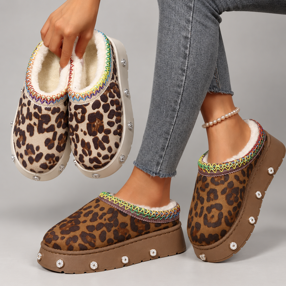 Alessia Women’s Leopard Print Platform Clogs with Plush-Look Lining