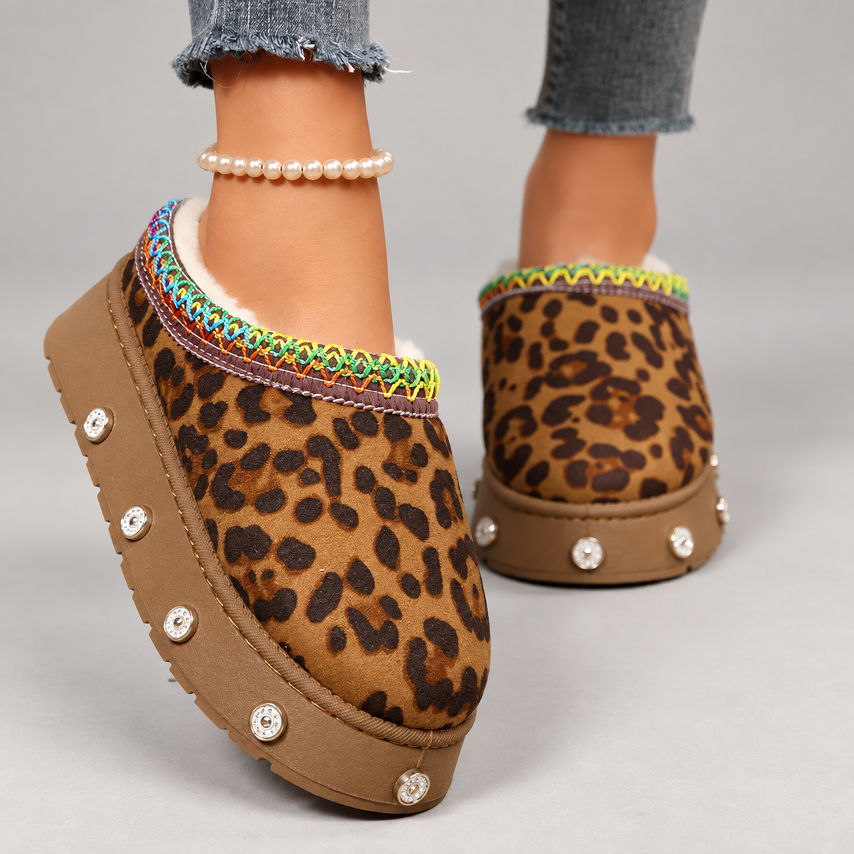 Alessia Women’s Leopard Print Platform Clogs with Plush-Look Lining