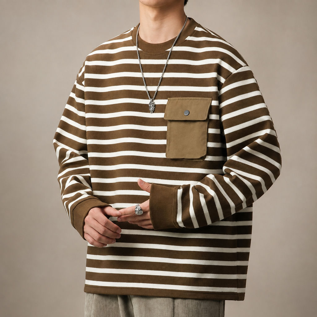 Alessio Men's Striped Pullover Shirt – Relaxed Fit Lightweight Long Sleeve Top