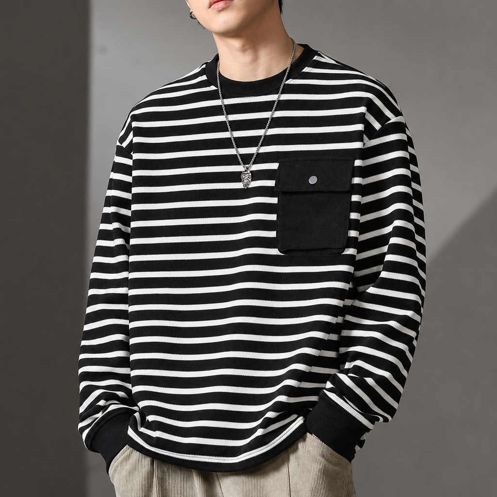 Alessio Men's Striped Pullover Shirt – Relaxed Fit Lightweight Long Sleeve Top