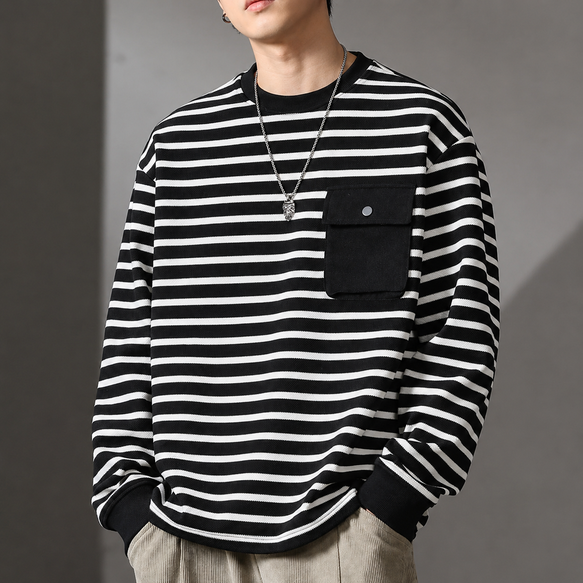 Alessio Men's Striped Pullover Shirt – Relaxed Fit Lightweight Long Sleeve Top