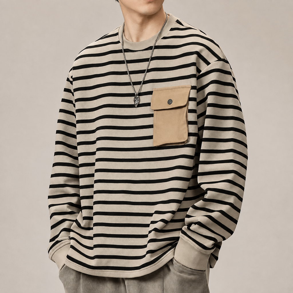 Alessio Men's Striped Pullover Shirt – Relaxed Fit Lightweight Long Sleeve Top