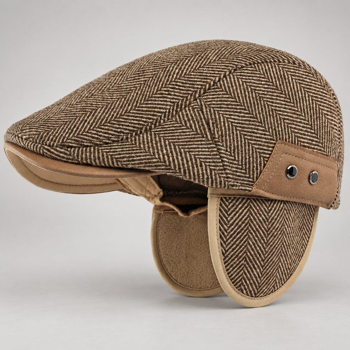 Alfred Herringbone Flat Cap with Contrast Side Tab