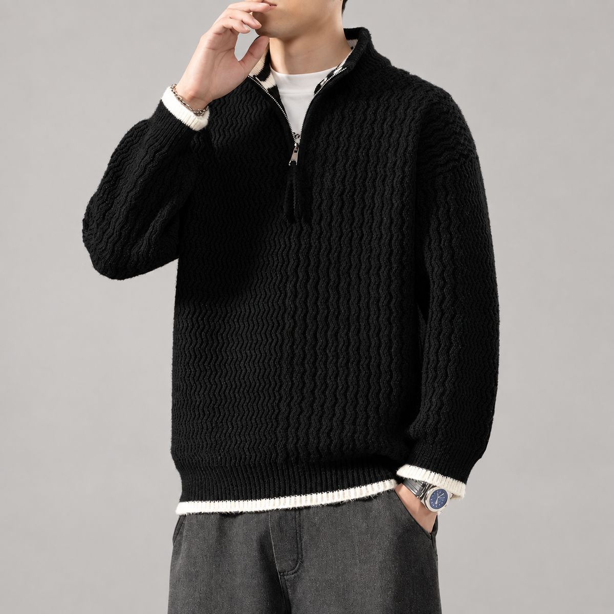 Alistair Men’s Textured Quarter-Zip Sweater with Contrast Trim