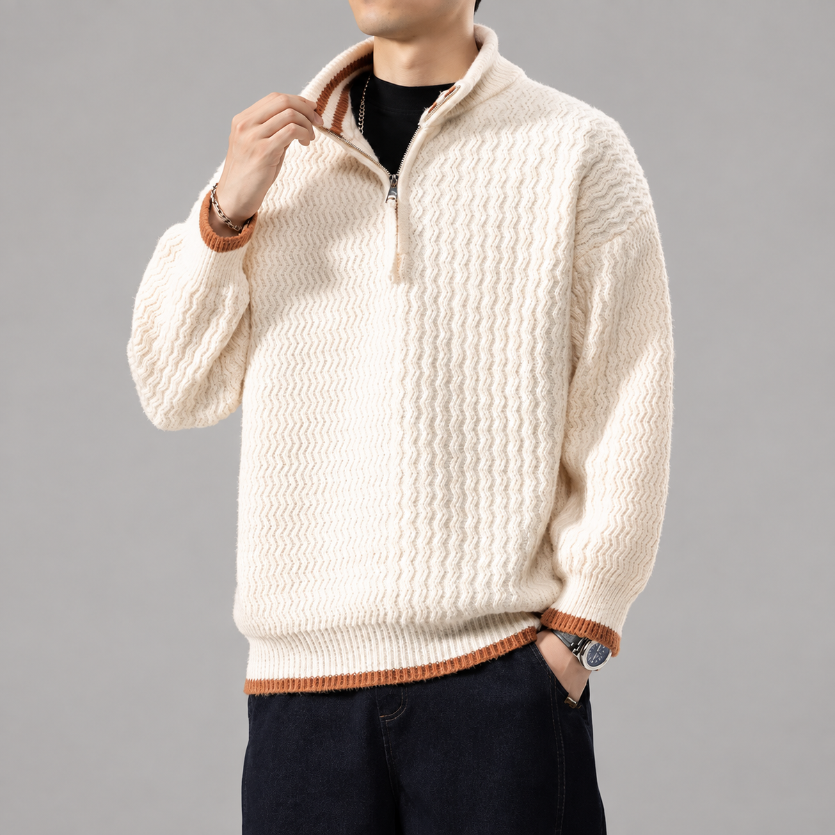 Alistair Men’s Textured Quarter-Zip Sweater with Contrast Trim