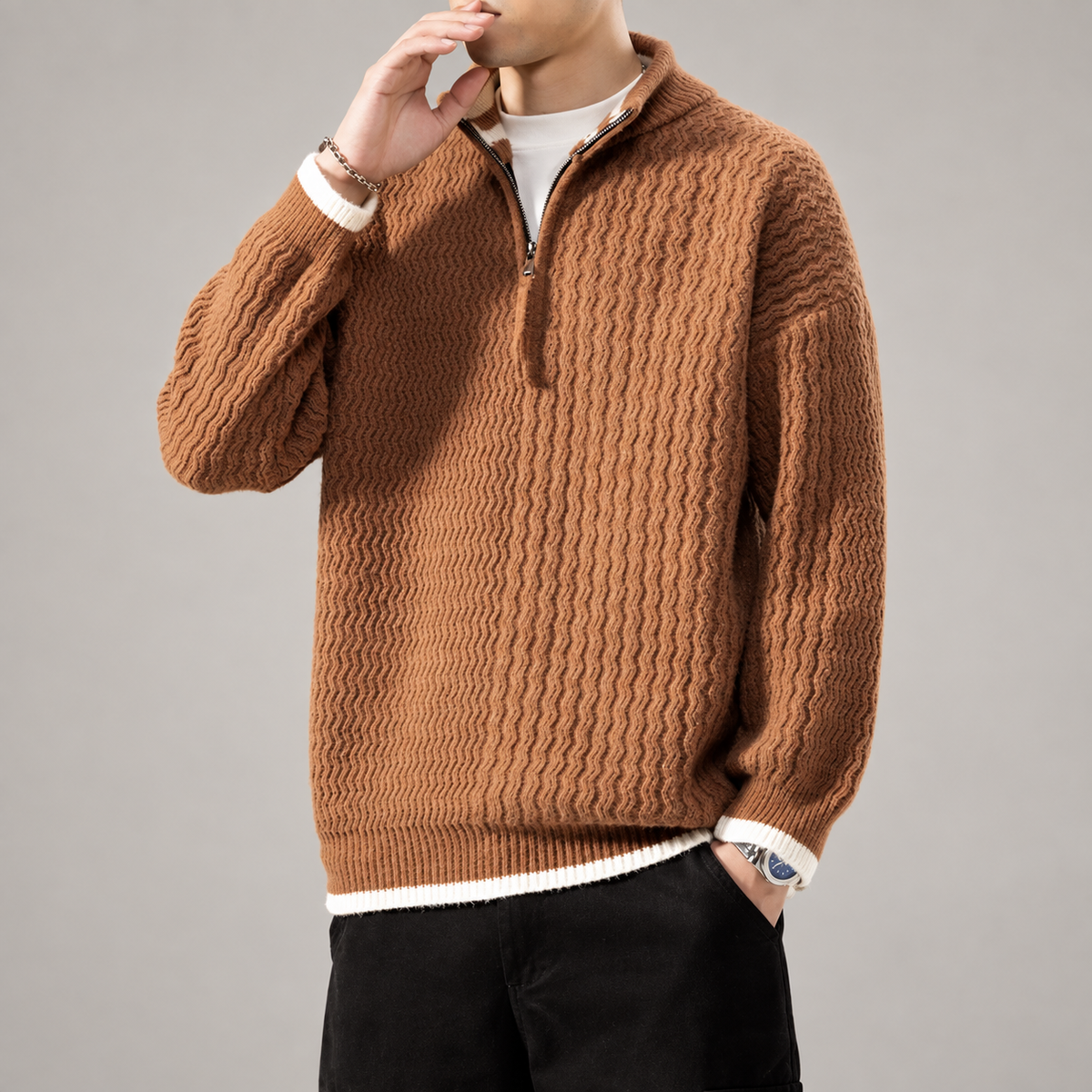 Alistair Men’s Textured Quarter-Zip Sweater with Contrast Trim