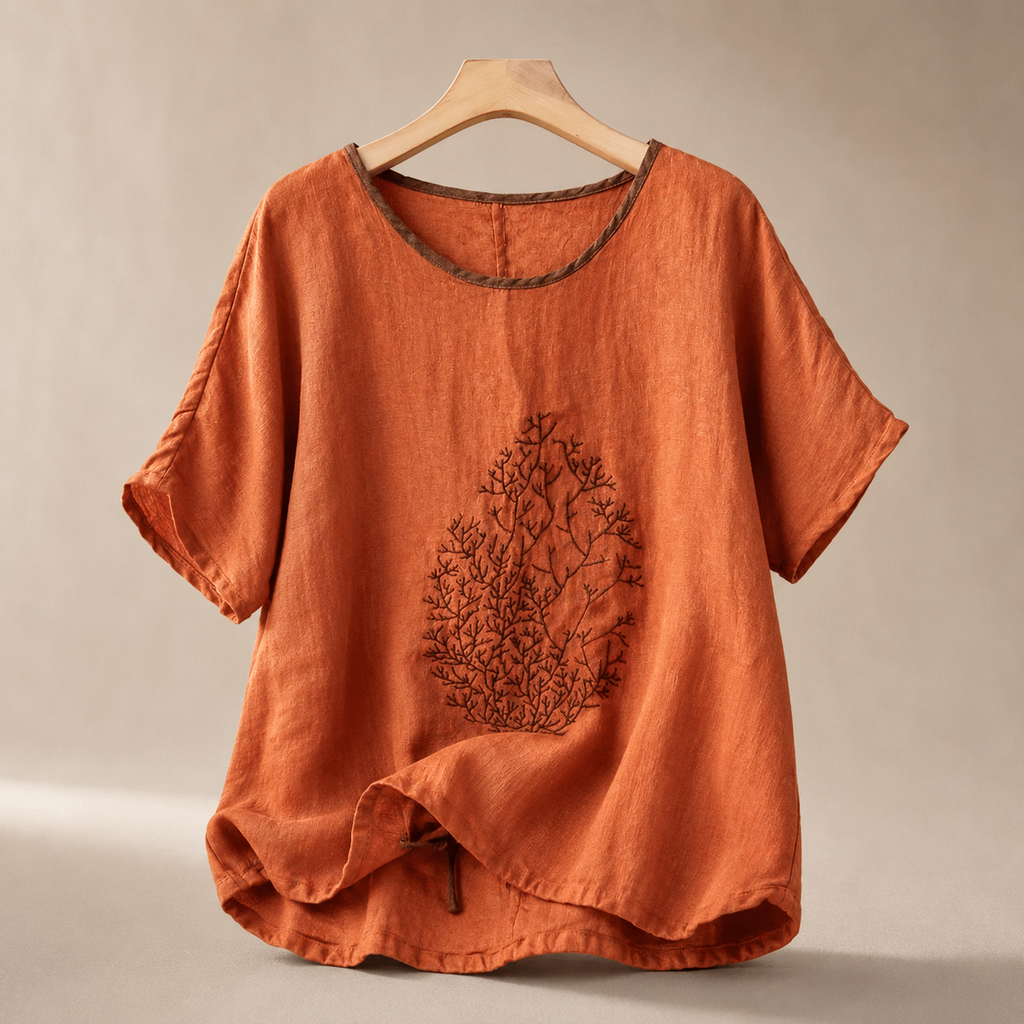 Amélie Women's Cotton Linen Embroidered Blouse – Drawstring Relaxed Top