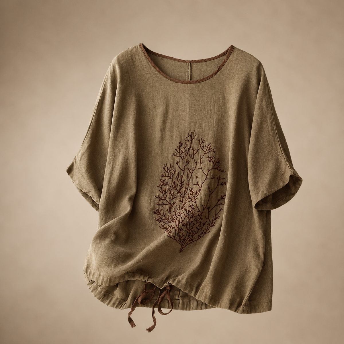 Amélie Women's Cotton Linen Embroidered Blouse – Drawstring Relaxed Top