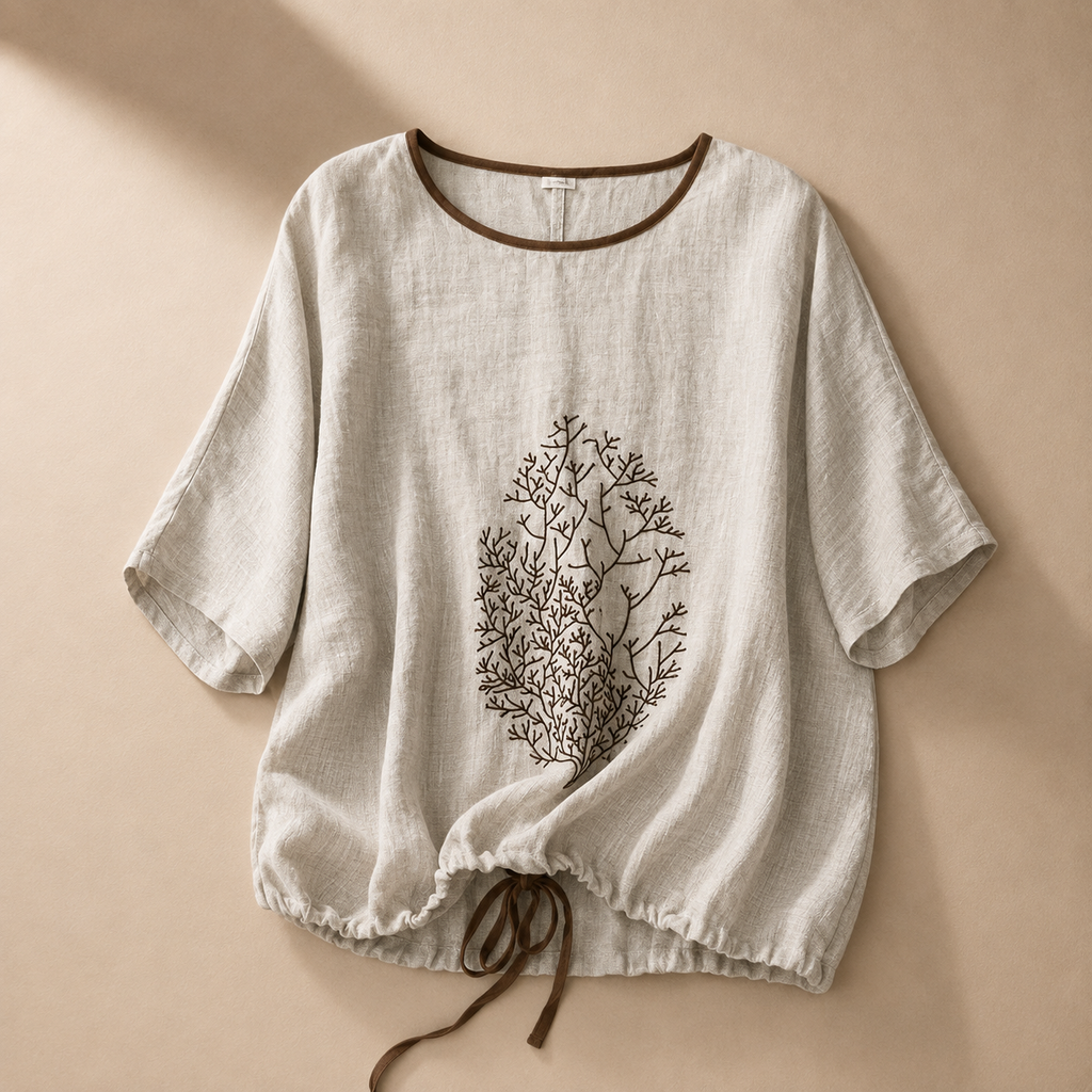 Amélie Women's Cotton Linen Embroidered Blouse – Drawstring Relaxed Top