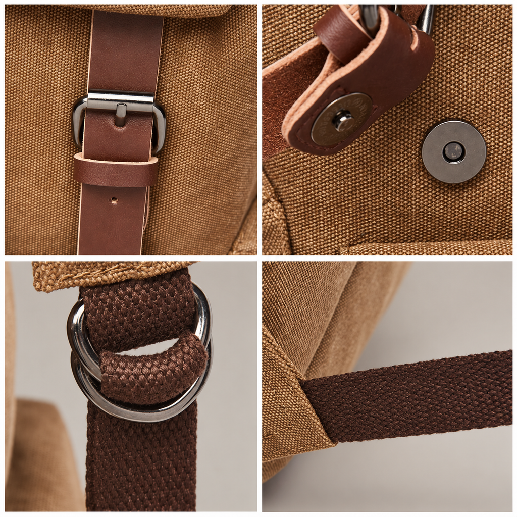 Bastien Canvas Drawstring Backpack with Buckle Flap and Multiple Pockets