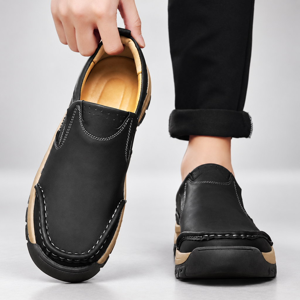 Bastien Men’s Leather-Look Moc Toe Slip-On Walking Shoes