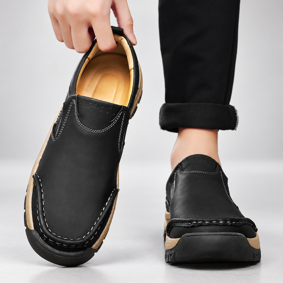 Bastien Men’s Leather-Look Moc Toe Slip-On Walking Shoes