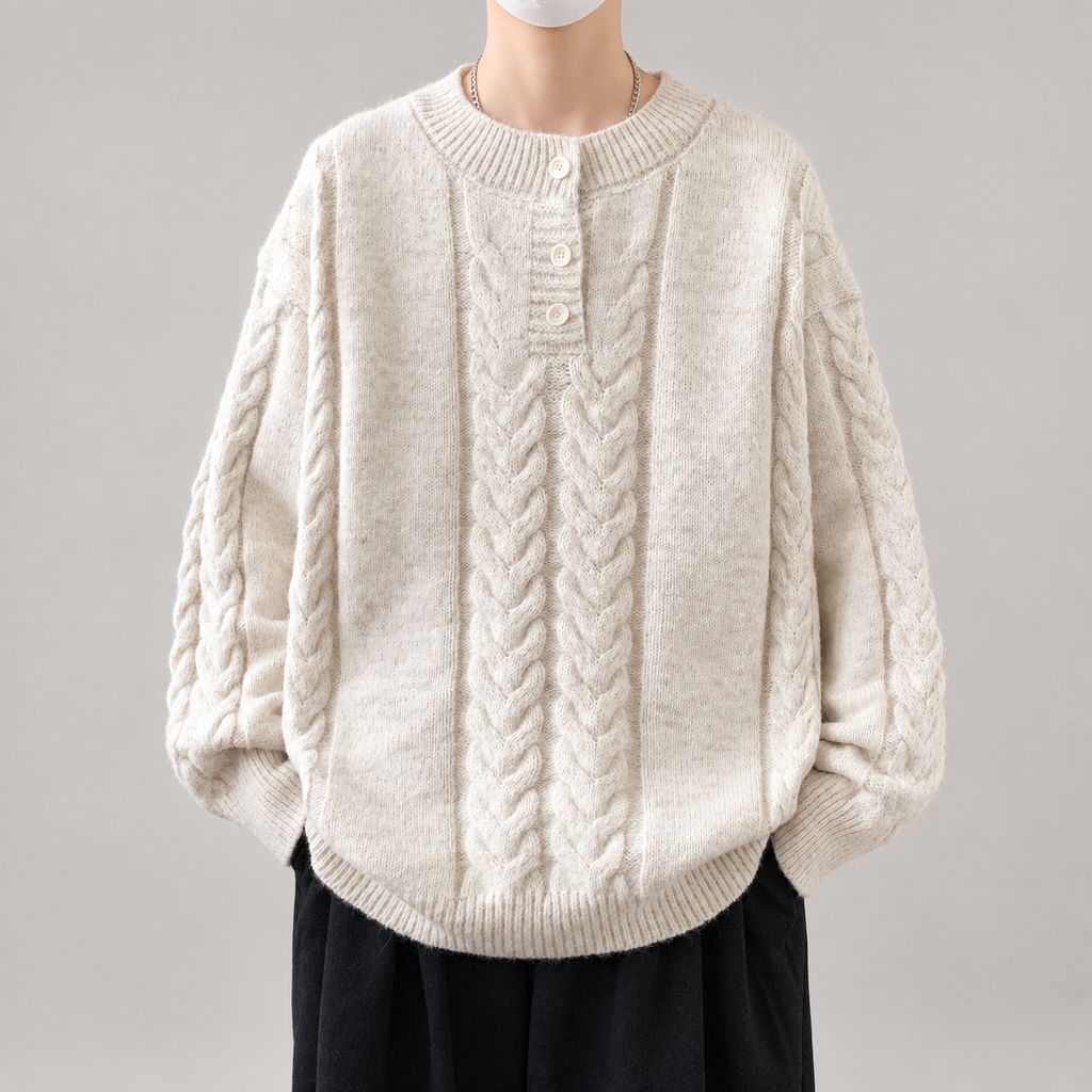 Bastien Men’s Cable-Knit Henley Sweater with Three-Button Placket
