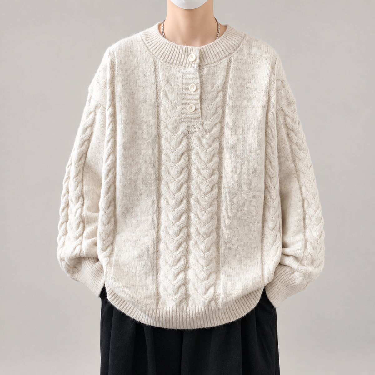 Bastien Men’s Cable-Knit Henley Sweater with Three-Button Placket