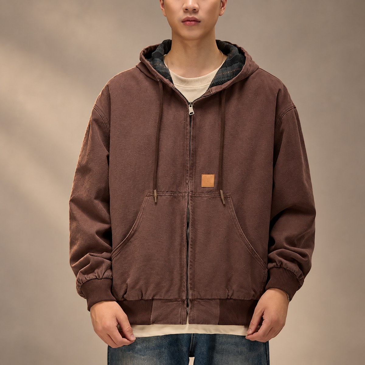 Bastien Men’s Relaxed-Fit Zip Hoodie with Plaid Hood Lining