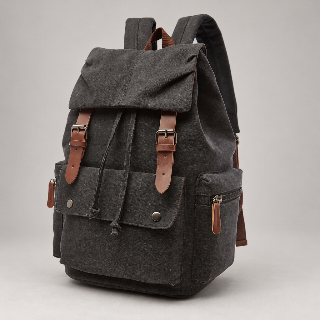 Bastien Canvas Drawstring Backpack with Buckle Flap and Multiple Pockets