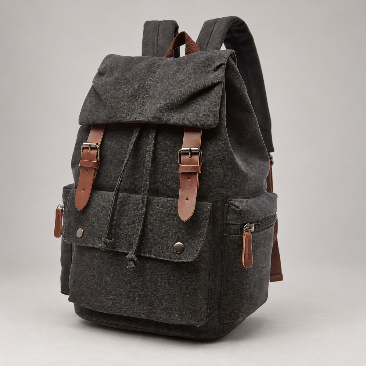 Bastien Canvas Drawstring Backpack with Buckle Flap and Multiple Pockets