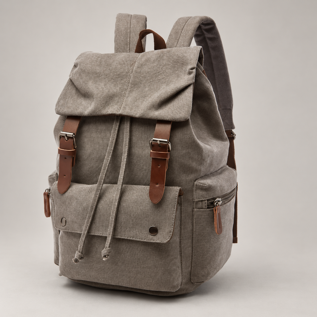 Bastien Canvas Drawstring Backpack with Buckle Flap and Multiple Pockets