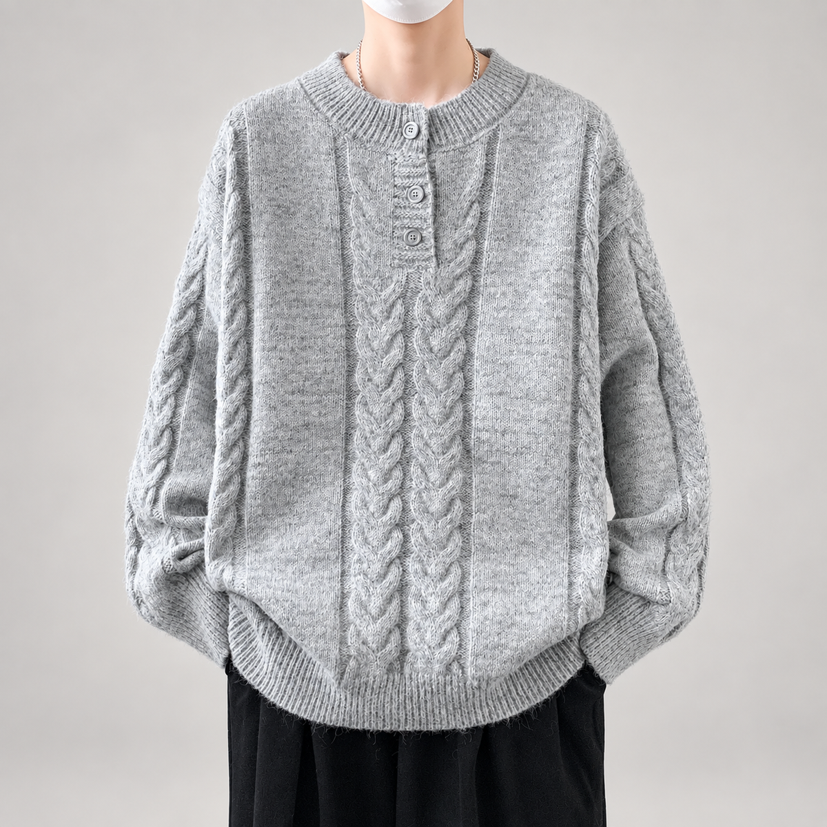 Bastien Men’s Cable-Knit Henley Sweater with Three-Button Placket