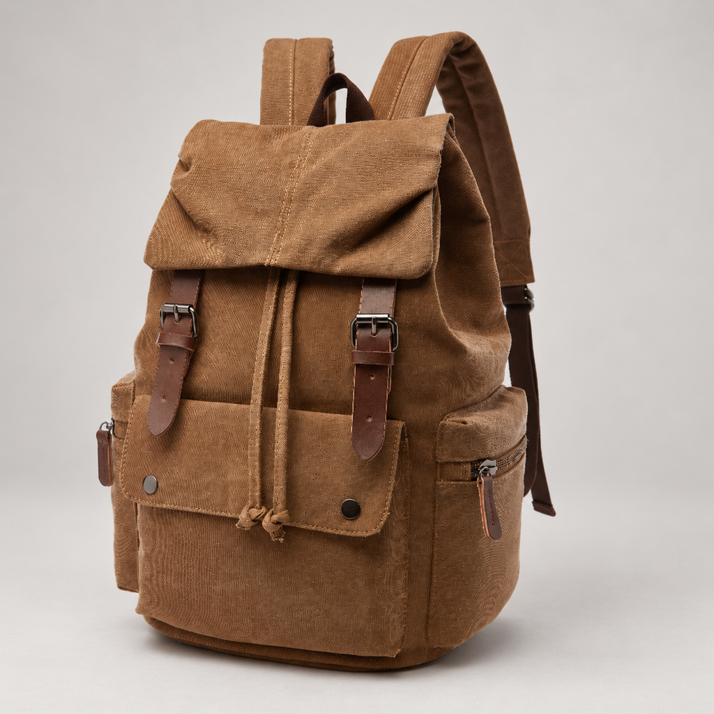 Bastien Canvas Drawstring Backpack with Buckle Flap and Multiple Pockets