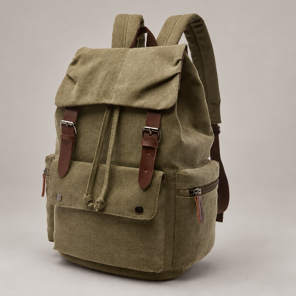 Bastien Canvas Drawstring Backpack with Buckle Flap and Multiple Pockets