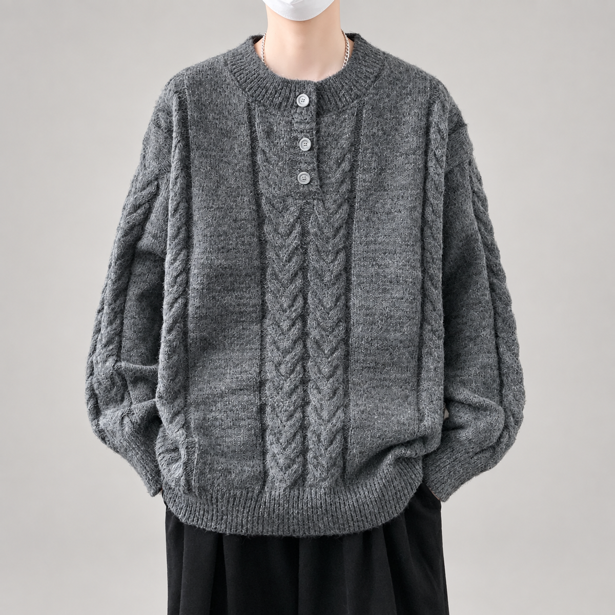 Bastien Men’s Cable-Knit Henley Sweater with Three-Button Placket