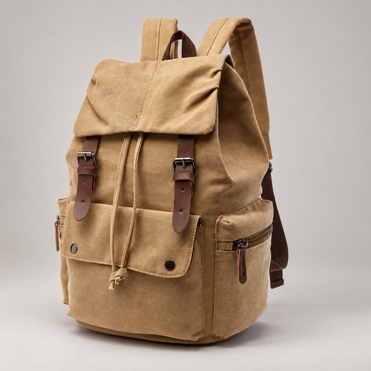 Bastien Canvas Drawstring Backpack with Buckle Flap and Multiple Pockets