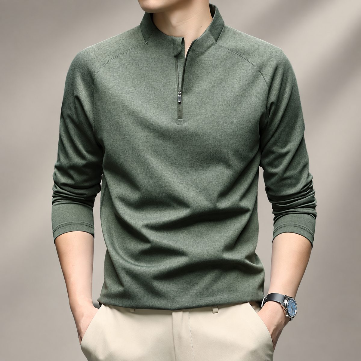Bastien Men’s Quarter-Zip Stand Collar Pullover Shirt