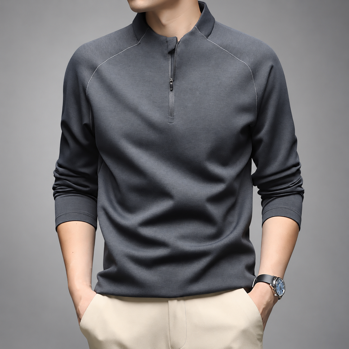 Bastien Men’s Quarter-Zip Stand Collar Pullover Shirt