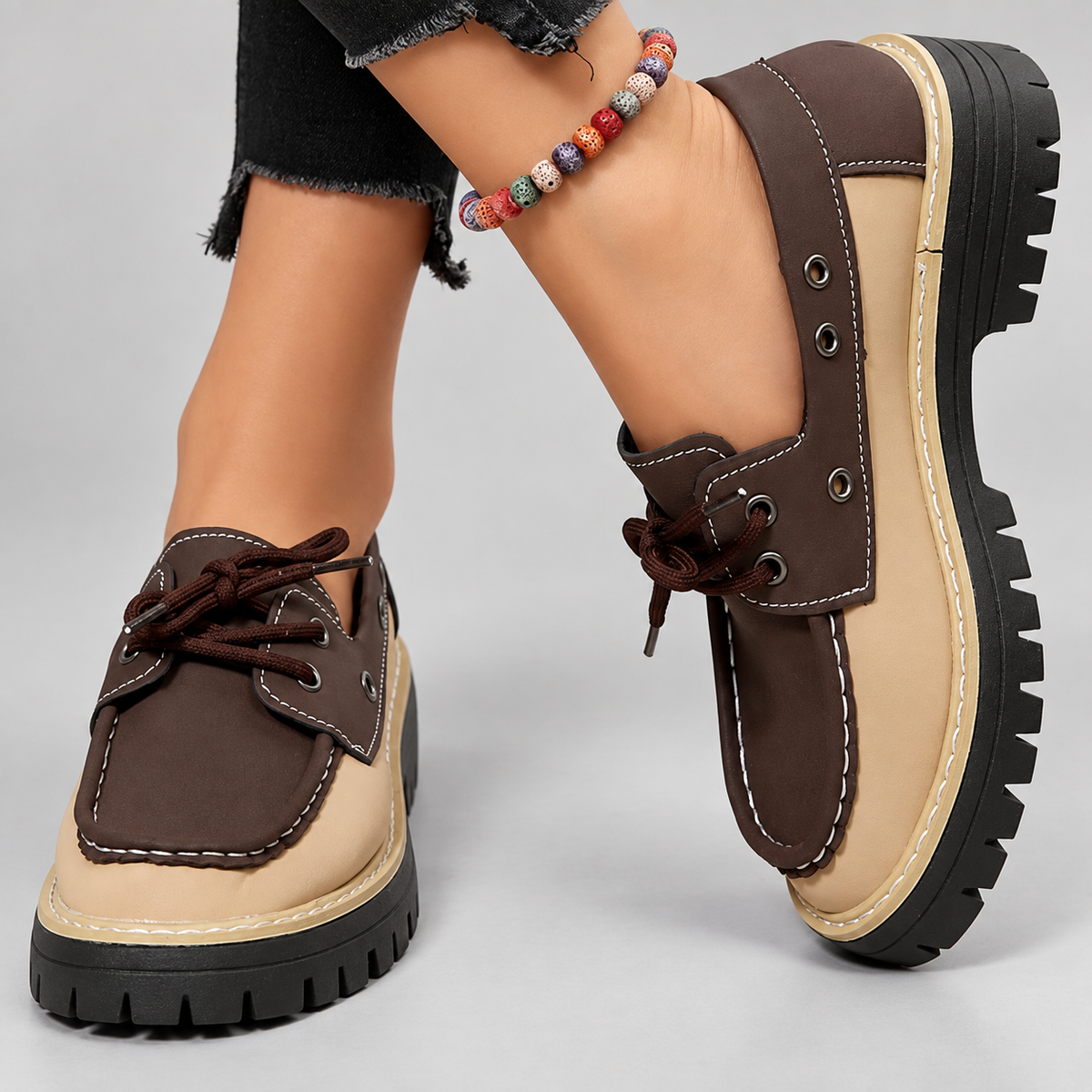 Beatrice Women’s Color Block Lace-Up Boat Shoes with Lug Sole
