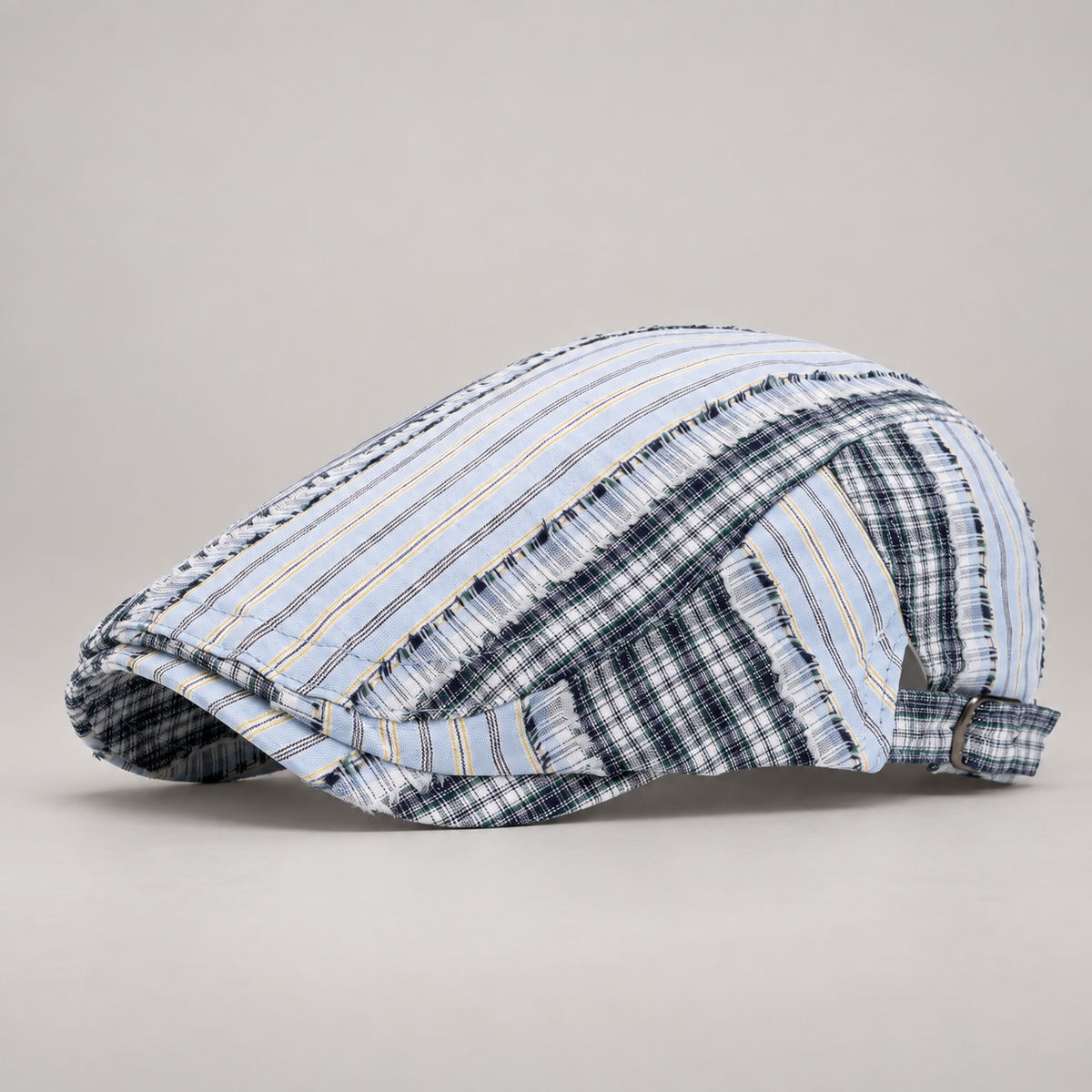 Montgomery Mixed Plaid Patchwork Flat Cap with Adjustable Strap
