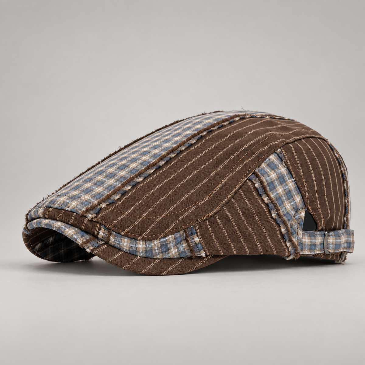 Montgomery Mixed Plaid Patchwork Flat Cap with Adjustable Strap