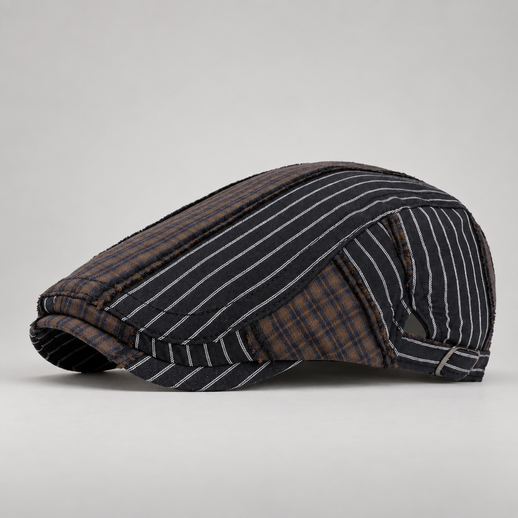 Montgomery Mixed Plaid Patchwork Flat Cap with Adjustable Strap