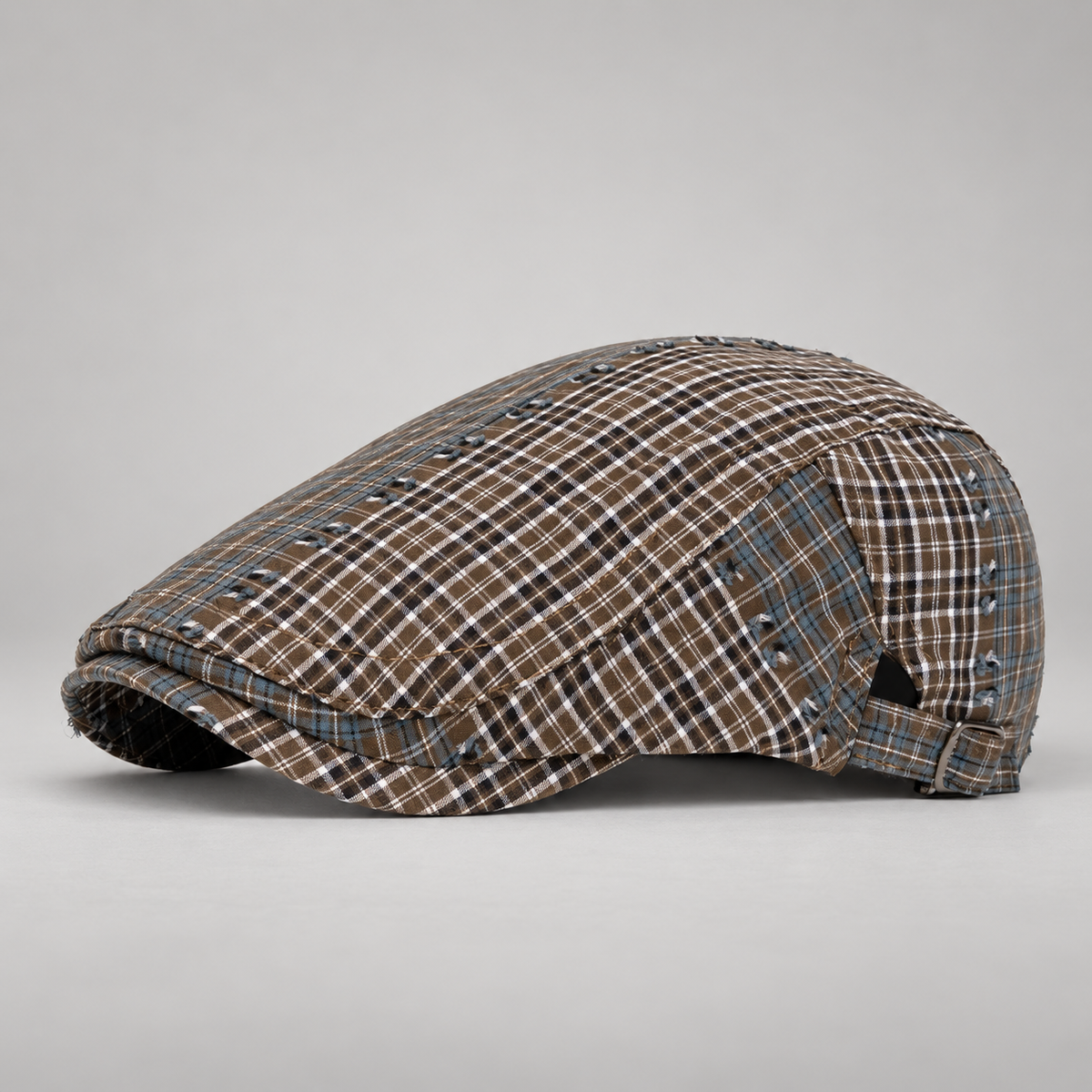 Montgomery Mixed Plaid Patchwork Flat Cap with Adjustable Strap
