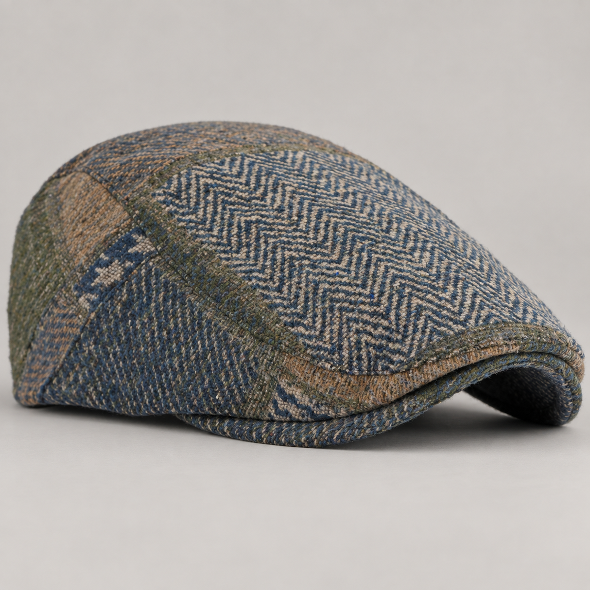 Benedict Herringbone Patchwork Flat Cap with Short Brim